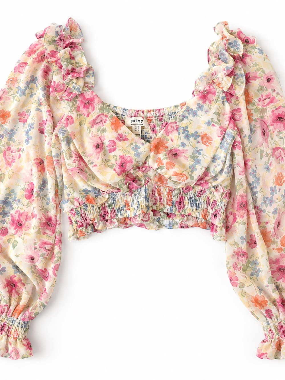 privy Floral Ruffle Crop Top in Cream with Pink & Blue Blooms
